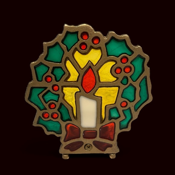 Tiffany candle lamp stained glass on cast iron, colorful Christmas wreath - Picture 2 of 6